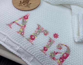 Embroidered Floral Letter Baby Blanket: Custom Newborn Keepsake