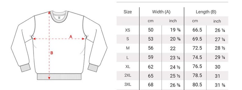 K&ouml;nnte beinhalten: Eine Diagrammzeichnung eines Sweatshirts mit Rundhalsausschnitt mit Ma&szlig;en in Zentimetern und Zoll. Das Diagramm zeigt die Breite und L&auml;nge des Sweatshirts, mit Gr&ouml;&szlig;en von XS bis 3XL. Ma&szlig;e sind in cm und Zoll angegeben.
