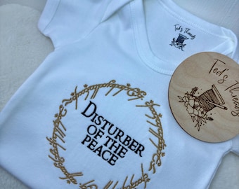 Embroidered 'Disturber of the Peace' LOTR Baby Vest, Funny Tolkien Clothing