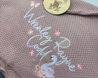 Custom Embroidered Baby Blanket: Swan & Flowers Keepsake