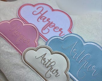 Embroidered Baby Name Announcement Cloud Plaque: Custom Felt or Faux Leather