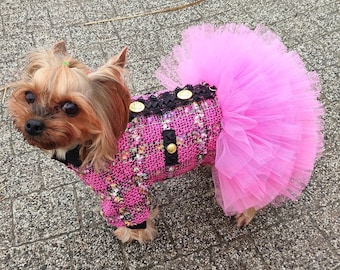 Dog Dress, Tweed Dog Coat, Designer Small Pet Clothes for Yorkie, Chihuahua Clothing