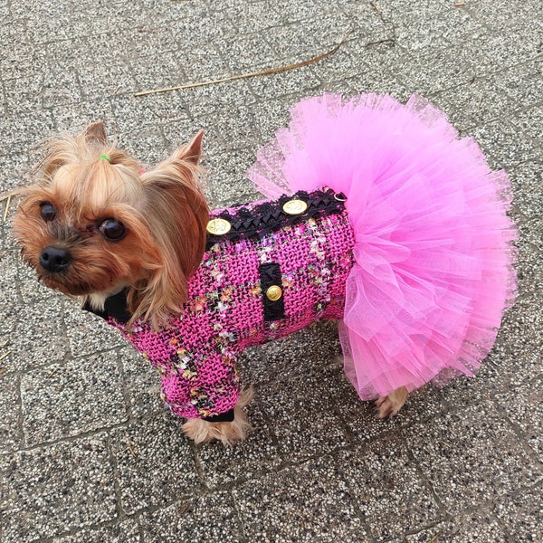 Elegant Pink Tweed Dog Dress with Tutu Skirt