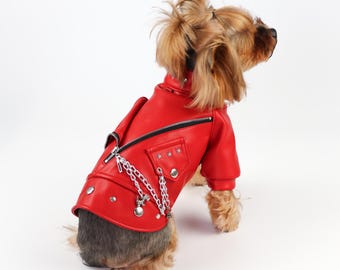 Red Leather Dog Jacket – Designer Pet Clothes with Punk Rock Style for Small and Medium Dogs