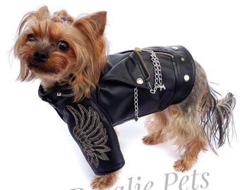 Leather Rock Dog Jacket with Embroidery, Designer Dog Clothes, Biker Dog Outfit, Custom Pet Coat, Luxury Dog
