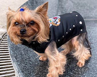 Designer Dog Jacket – Faux Leather Biker Vest with Tiger Embroidery, Rock Style Dog Coat for Dogs, Fashion Pet Clothes