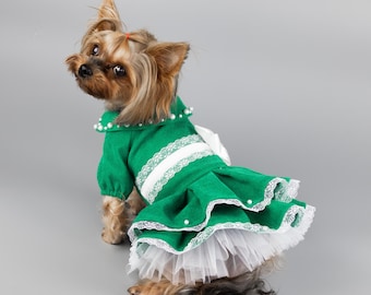 Green Dog Dress for Small Dogs | Chihuahua Outfit | Yorkie Pet Clothes | Dog Birthday Dress | Designer Puppy Suit