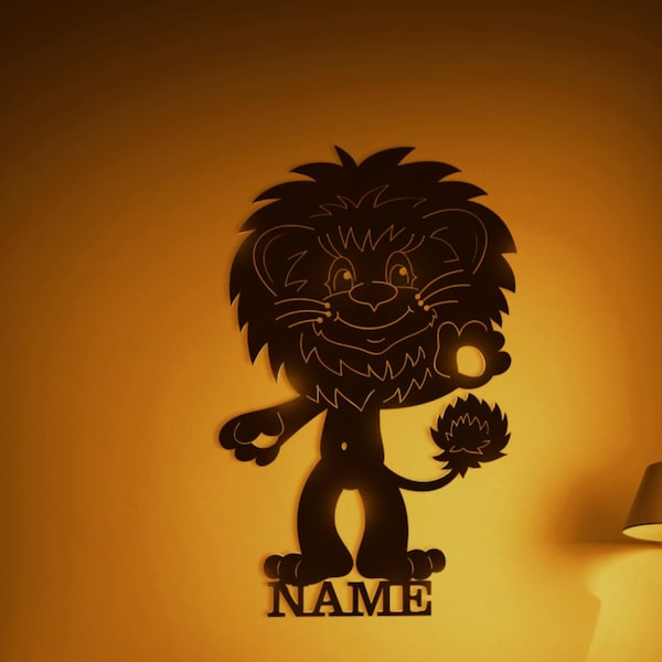 LED Lion Wooden Wall Lamp Night Light Snooze Light Personalized Name Gift for Boys & Girls Battery Operated Gossip Light Switch