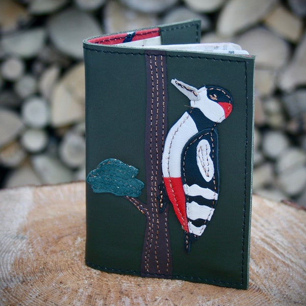 Handmade leather passport cover, dark green passport case decorated with woodpecker, document wallet with bird, genuine natural leather