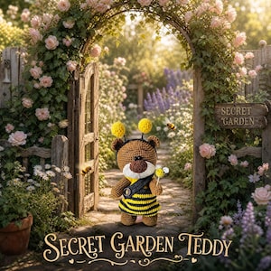 Puede incluir: Un oso de peluche tejido a ganchillo de color marrón con un vestido de rayas amarillas y negras y una diadema con dos pompones amarillos. El oso sostiene un pequeño accesorio de abeja. El texto "SECRET GARDEN" aparece en un letrero.