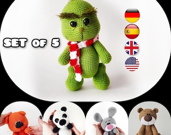 Amigurumi-virkmönster: Nallebjörn, Alv, Panda, Katt, Kanin (PDF)