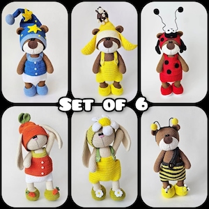May include: Set of six crocheted stuffed animals, each wearing a different costume. The animals include a bear wearing a nightgown, a bear wearing a ladybug costume, a bear wearing a bee costume, a bunny wearing a carrot costume, a bunny wearing a daisy costume, and a bear wearing a yellow dress.