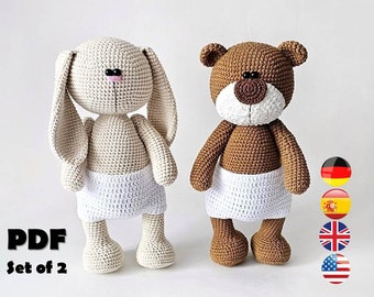 Lot de 2 modèles au crochet : ours en peluche 27 cm et lapin Tilda 27 cm / AMIGURUMI / tutoriel PDF