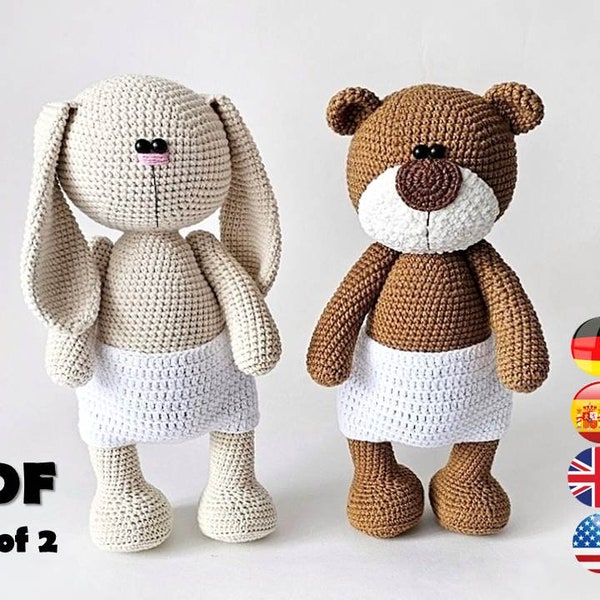 Lot de 2 modèles au crochet : ours en peluche 27 cm et lapin Tilda 27 cm / AMIGURUMI / tutoriel PDF