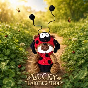 Puede incluir: Un oso de peluche tejido a ganchillo con un disfraz de mariquita rojo y negro con antenas, cara marrón, hocico blanco y puntos negros. El texto LUCKY LADYBUG TEDDY aparece impreso en la parte inferior con una fuente decorativa y un trébol.