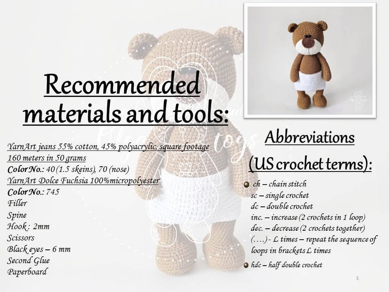 Pode incluir: Padr&atilde;o de croch&ecirc; para um urso de peluche castanho com detalhes brancos. O padr&atilde;o inclui uma lista dos materiais e ferramentas necess&aacute;rias, incluindo fio, gancho, enchimento, etc. O padr&atilde;o tamb&eacute;m inclui abreviaturas para os termos de croch&ecirc; americanos.