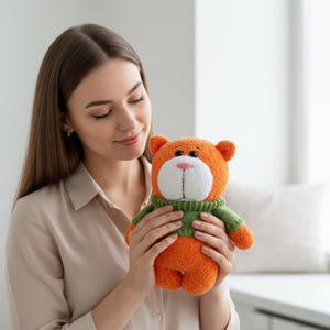 May include: An orange and white plush bear with a green sweater. The bear has small ears and a pink nose. The toy is handmade and appears soft. A cute and cuddly stuffed animal.