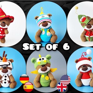 Set of 6 Christmas Clothes Crochet Patterns for 18 cm Animal Toys / Amigurumi PDF tutorials