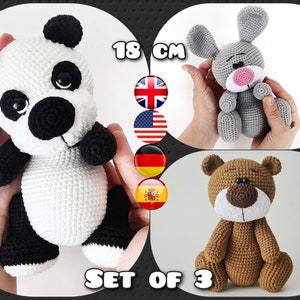 Set of 3 Crochet Patterns: Teddy Bear, Panda and Bunny / 18 cm / AMIGURUMI /  PDF tutorial