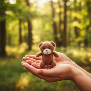 May include: A small, brown knitted teddy bear with a white muzzle and black eyes. The bear is held in open hands against a blurred green forest background. The bear's arms and legs are outstretched.
