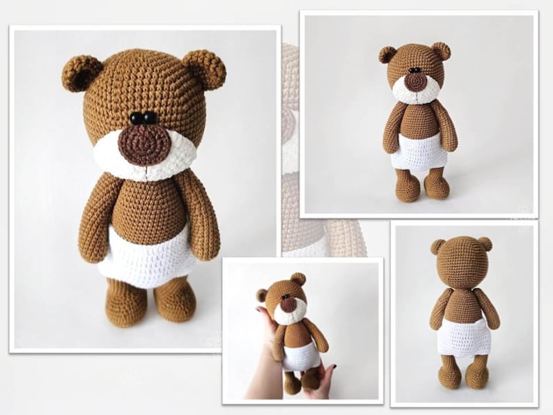 Pode incluir: Um urso de peluche de croch&ecirc; marrom vestindo uma fralda branca. O urso tem olhos pretos e um nariz marrom.