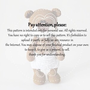 Pode incluir: Um urso de peluche de croch&ecirc; vestindo um vestido branco. O texto "Pay attention, please:" est&aacute; escrito acima do urso. O texto diz: "Este padr&atilde;o &eacute; destinado apenas para uso pessoal. Todos os direitos reservados. Voc&ecirc; n&atilde;o tem o direito de copiar ou vender este padr&atilde;o. &Eacute; proibido carreg&aacute;-lo parcial ou totalmente em qualquer recurso na Internet. Voc&ecirc; pode dispor do seu produto acabado &agrave; sua maneira: mant&ecirc;-lo, dar como presente, vender. Obrigado pela sua compreens&atilde;o."
