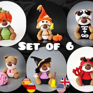 May include: Set of six crocheted teddy bears dressed in Halloween costumes. The bears are wearing costumes of a pumpkin, witch, devil, skeleton, scarecrow, and a doctor.