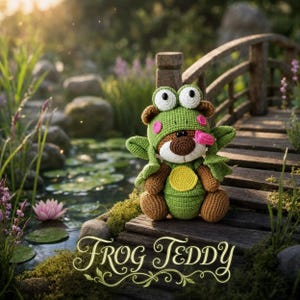 May include: A brown crocheted teddy bear wearing a green frog hood with large white eyes, pink cheeks, and a small pink tongue. The bear has a yellow circular patch on its belly and green leaf-like accents on its sides. The text FROG TEDDY is below.