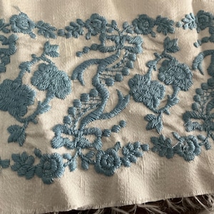 Beautiful crewel embroidery on silk, French Blue, ready to trim out drapes, pillows, clothing.