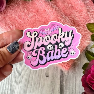 Spooky Flying Bat Pink Halloween Waterproof Sticker, Spooky Smiling Bat and Fire Skulls Sticker, Pink Spooky Sticker for Halloween