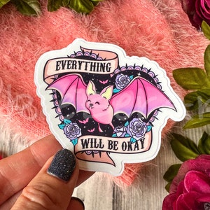 Flying Bat Pink Halloween Waterproof Sticker, Smiling Bat with a Positive Quote Sticker, Pink Spooky Sticker for Halloween