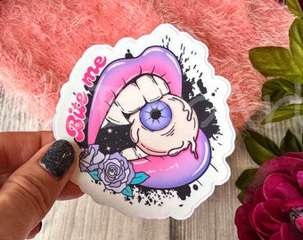 Vampire Teeth Biting Spooky Eyeball Pink Halloween Waterproof Sticker, Spooky and Cute Death Sticker, Pink Skeleton Sticker for Halloween