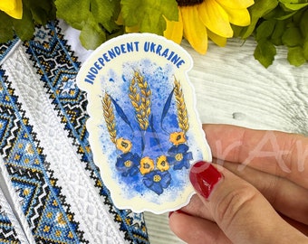 Ukraine Crest Floral Waterproof Sticker, Stand with Ukraine Sticker, Support Ukraine Symbol Sticker, Floral Ukrainian Colors Sticker