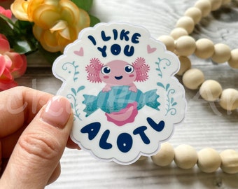 Axolotl and Candy Waterproof Sticker, Kawaii Cartoon Axolotl Sticker, Cute Salamander Sticker, Lovely Axolotl Sticker, Pink Axolotl Sticker
