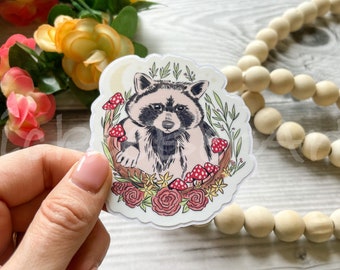 Raccoon at Night Cute Floral Waterproof Sticker, Raccoon with Roses and Mushrooms Sticker for Water Bottle and Tumbler, Peeking Raccoon