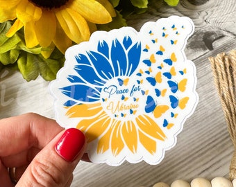 Ukraine Sunflower and Butterflies Waterproof Sticker, Stand with Ukraine Sticker, Support Ukraine Floral Sticker, Ukrainian Colors Sticker