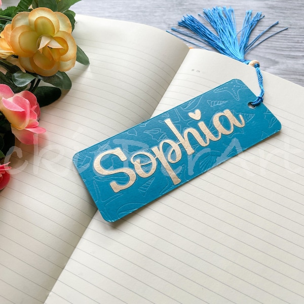 Custom Name Cool Blue Bookmark, Sea and Beach Themed Personalized Bookmark, Debossed Stylized Custom Bookmark, Custom Gift for a Reader