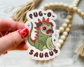 Dinosaur Pug Funny Waterproof Sticker, Costumed Pug Sticker, Puppy Lover Sticker, Water Bottle Sticker, Pug Sticker for Laptop and Phone