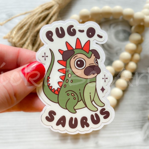 Dinosaur Pug Funny Waterproof Sticker, Costumed Pug Sticker, Puppy Lover Sticker, Water Bottle Sticker, Pug Sticker for Laptop and Phone