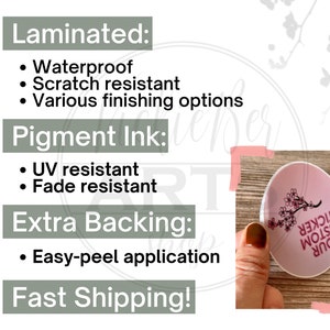 May include: A pink and white round sticker with a pink cherry blossom design and the text "Your Custom Sticker". The sticker is laminated and has a UV and fade resistant pigment ink. The sticker is easy to apply and comes with fast shipping.