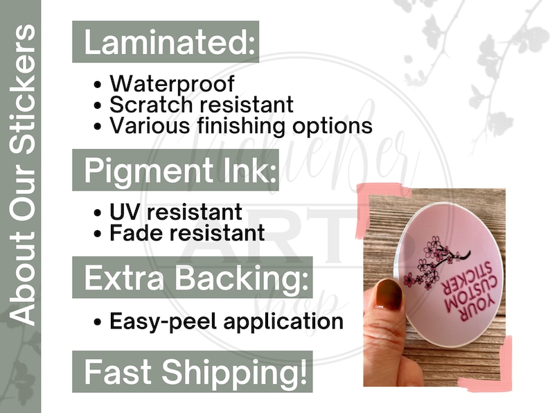 May include: A pink and white round sticker with a pink cherry blossom design and the text "Your Custom Sticker". The sticker is laminated and has a UV and fade resistant pigment ink. The sticker is easy to apply and comes with fast shipping.