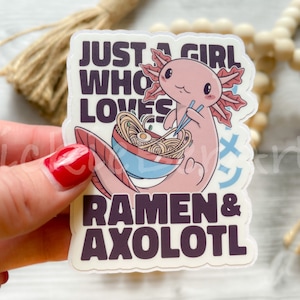 Axolotl and Ramen Waterproof Sticker, Kawaii Cartoon Axolotl Sticker, Cute Salamander Sticker, Ramen Axolotl Sticker, Pink Axolotl Sticker