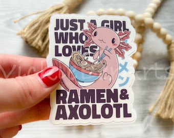 Axolotl and Ramen Waterproof Sticker, Kawaii Cartoon Axolotl Sticker, Cute Salamander Sticker, Ramen Axolotl Sticker, Pink Axolotl Sticker