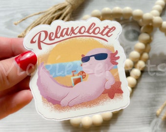 Relaxing Axolotl Waterproof Sticker, Chilling Axolotl with Sunglasses and a Cold Drink Sticker, Axolotl Lying on the Sand Beach Sticker