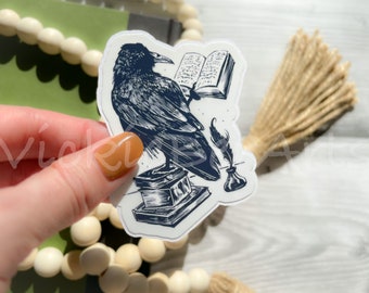 Book Lover Raven Waterproof Sticker, Literature Enthusiast Sticker, Bookish Sticker, Reading Crow Sticker, Black Crow with a Book Sticker