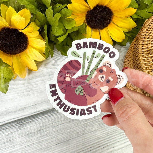 Bamboo Loving Red Panda Waterproof Sticker, Funny Cartoon Sticker with a Red Panda, Playful Red Panda Sticker