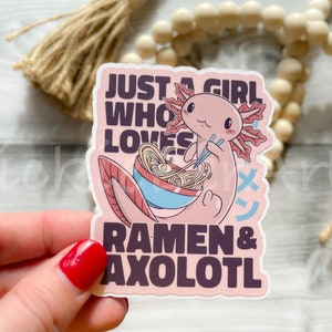 Axolotl and Ramen Waterproof Sticker, Kawaii Cartoon Axolotl Sticker, Cute Salamander Sticker, Ramen Axolotl Sticker, Pink Axolotl Sticker
