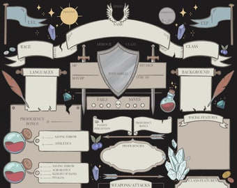 Könnte beinhalten: Ein druckbares Charakterblatt für ein Tabletop-Rollenspiel. Das Blatt ist im mittelalterlichen Fantasy-Stil gestaltet und zeigt Illustrationen von Schwertern, Schilden, Tränken und Kristallen. Das Blatt enthält Abschnitte für Charaktername, Rasse, Klasse, Stufe, Erfahrungspunkte, Trefferpunkte, Rüstungsklasse, Rettungswürfe, Fertigkeiten, Waffen und Ausrüstung.