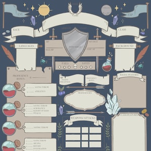 DnD 5e Character Sheet - Full Colour Blue Background - Printable Download for Dungeons and Dragons 5th Edition - Dnd Character Sheet