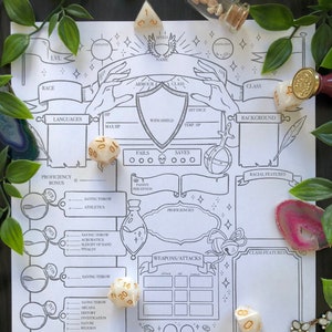 Könnte beinhalten: Ein leeres Charakterblatt für ein Rollenspiel mit Abschnitten für Statistiken, einem Schild und Würfeln. Das Blatt ist mit einem Blumenarmband, Edelsteinen und Grün geschmückt. Ideal für Tabletop-Spiele.